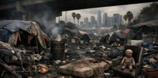 A homeless encampment with tents and debris in the foreground, city skyline visible in the background