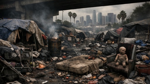 A homeless encampment with tents and debris in the foreground, city skyline visible in the background