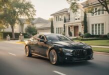 A sleek black luxury car driving past elegant homes on a sunny street