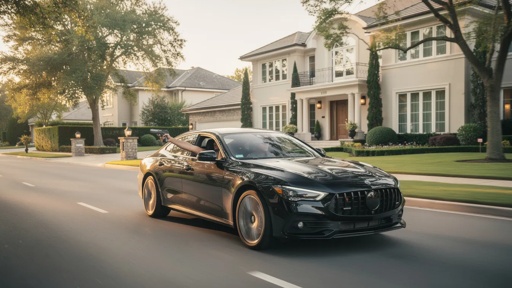 A sleek black luxury car driving past elegant homes on a sunny street