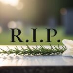 A gravestone with the letters R.I.P. and a white lily flower