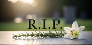A gravestone with the letters R.I.P. and a white lily flower