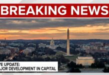 Aerial view of Washington D.C. at sunset with notable monuments