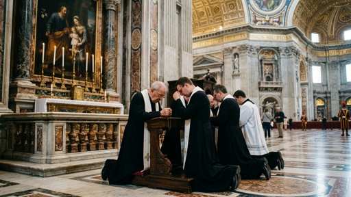 Clergy members kneeling in prayer inside a grand cathedral