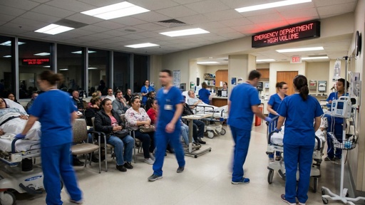 Busy emergency department with healthcare workers attending to patients