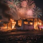 A burning building illuminated by colorful fireworks in the night sky