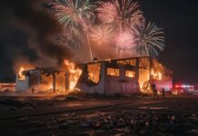 A burning building illuminated by colorful fireworks in the night sky