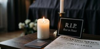 A candle and memorial card on a table with a newspaper featuring obituaries