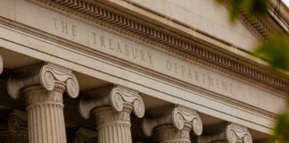 The Treasury Department building with columns and architectural details.