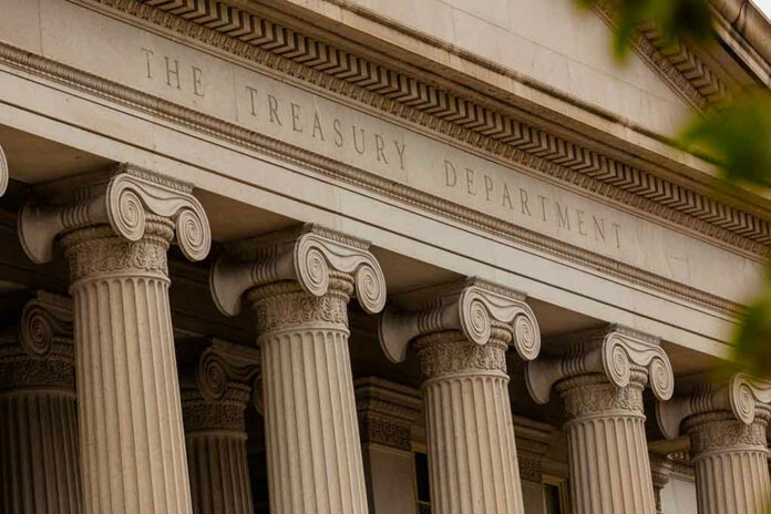 The Treasury Department building with columns and architectural details.