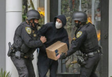 Police arresting person holding a box.