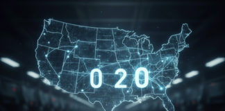 A digital map of the United States with the number 020 overlaying envelopes and a magnifying glass
