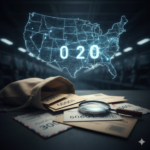 A digital map of the United States with the number 020 overlaying envelopes and a magnifying glass