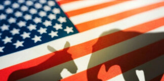 Shadows of a donkey and elephant on an American flag