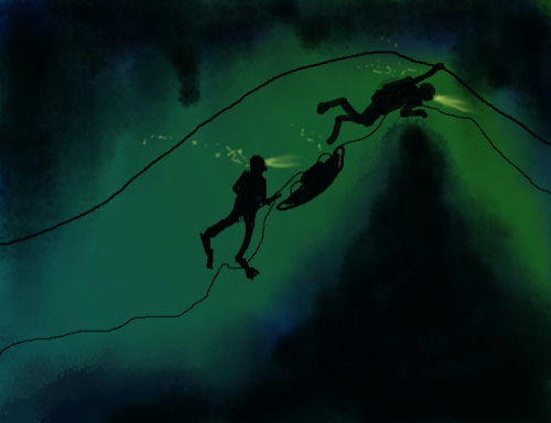 shutterstock_1135352087 Two scuba divers follow a guideline through a dark underwater cave