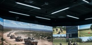 Military personnel monitoring operations in a high-tech command center