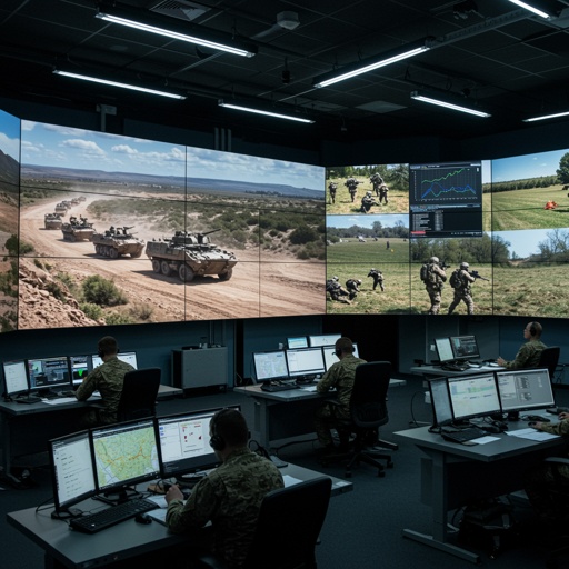Military personnel monitoring operations in a high-tech command center