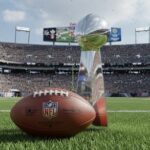 NFL trophy and football on the field in a stadium