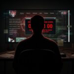 A person sitting in front of a computer screen displaying warning messages and code