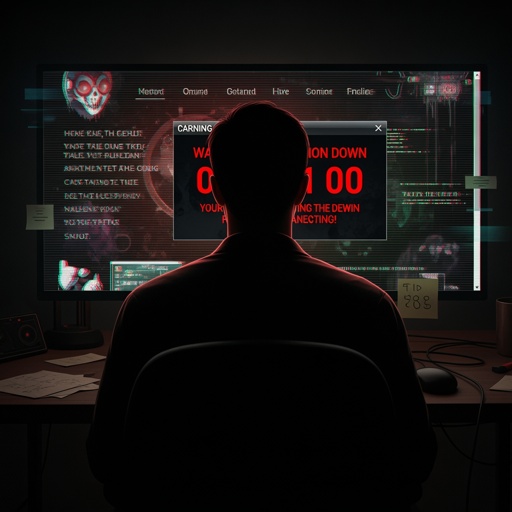 shutterstock_2705009553 A person sitting in front of a computer screen displaying warning messages and code
