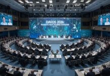 A large conference room filled with international leaders at Davos 2026