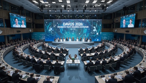 A large conference room filled with international leaders at Davos 2026