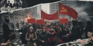 A group of protesters holding red flags and signs during a demonstration