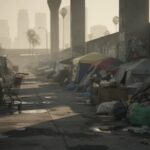 A homeless encampment with tents and debris in an urban setting