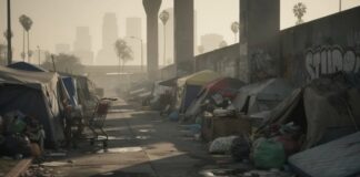 A homeless encampment with tents and debris in an urban setting