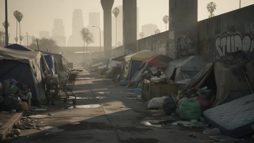 shutterstock_2735172585.jpg A homeless encampment with tents and debris in an urban setting