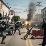 A chaotic urban scene with armed soldiers and an explosion in the background
