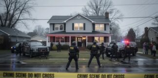 FBI agents at a crime scene outside a house with police vehicles and caution tape