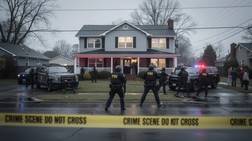 FBI agents at a crime scene outside a house with police vehicles and caution tape