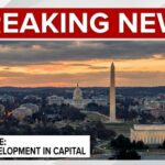 Aerial view of Washington D.C. at sunset with notable monuments