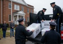 Judge REOPENS Trump IRS Bombshell Police officers loading official ballot boxes into a truck outside a municipal building