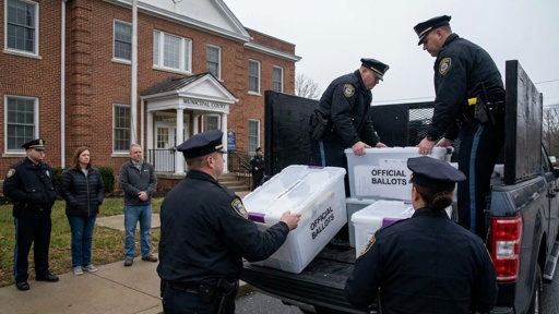 Police officers loading official ballot boxes into a truck outside a municipal building