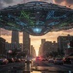 Creepy Final Plea Before UFO Expert’s JAIL DEATH… A large UFO hovering above a city street during sunset
