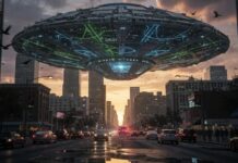 Creepy Final Plea Before UFO Expert’s JAIL DEATH… A large UFO hovering above a city street during sunset