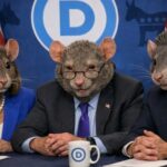 Three individuals with rat heads at a political conference