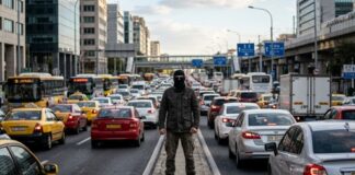 A man in a mask standing in the middle of a congested city street
