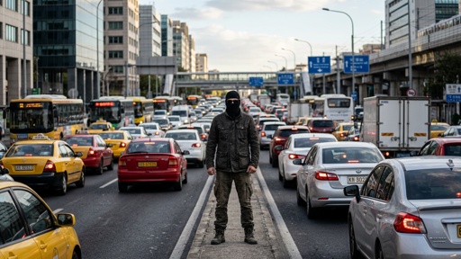 shutterstock_2780097731.jpg A man in a mask standing in the middle of a congested city street
