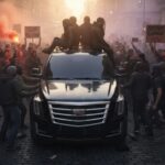 A large crowd protesting around a black SUV with people on top