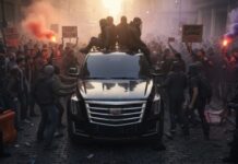 A large crowd protesting around a black SUV with people on top