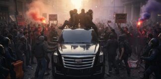 A large crowd protesting around a black SUV with people on top