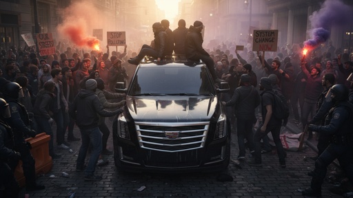 shutterstock_2782876125.jpg A large crowd protesting around a black SUV with people on top