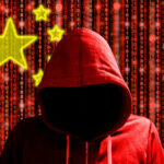 Beijing Puppet BUSTED Running California City… A hooded figure in a red hoodie against a backdrop of binary code and stars representing China