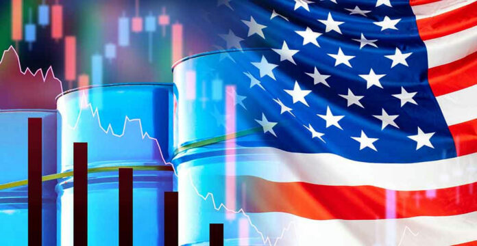 Oil barrels, American flag, and financial graphs.
