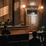 Judge presiding over courtroom with people seated inside.