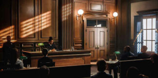 Judge presiding over courtroom with people seated inside.