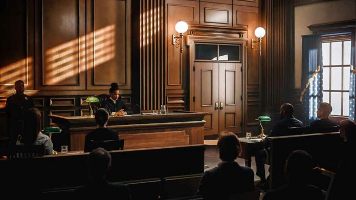 2056433852 Judge presiding over courtroom with people seated inside.